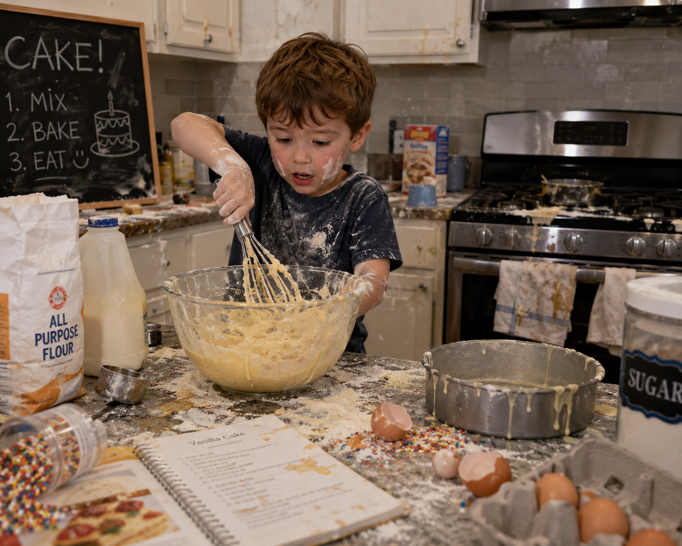 A young boy alone in a kitchen whisks pale batter in a glass bowl. Flour, eggs and decorations are scattered across the worktop. A chalkboard behind him reads &ldquo;CAKE! 1. mix 2. bake 3. eat&rdquo;.